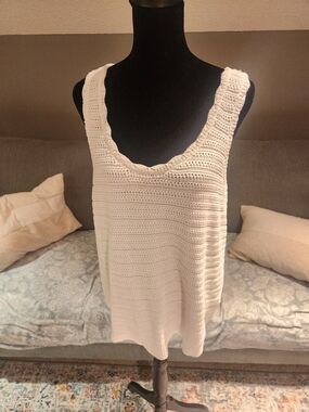 Loft Women's White Crochet Knit Tank Top Size Large 100% Cotton